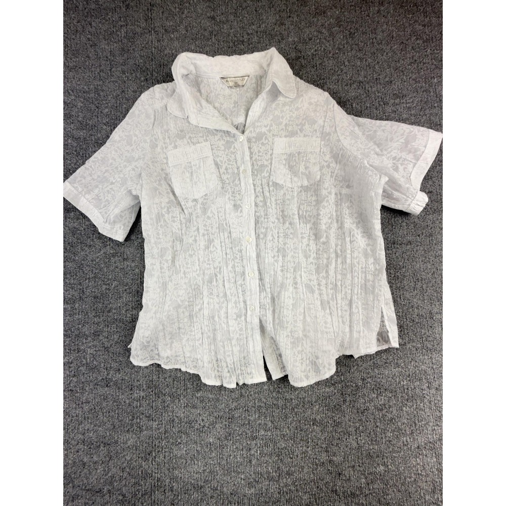 Allison Daley II Shirt‎ Womens 20W White Floral Crinkle Button Front Plus Top